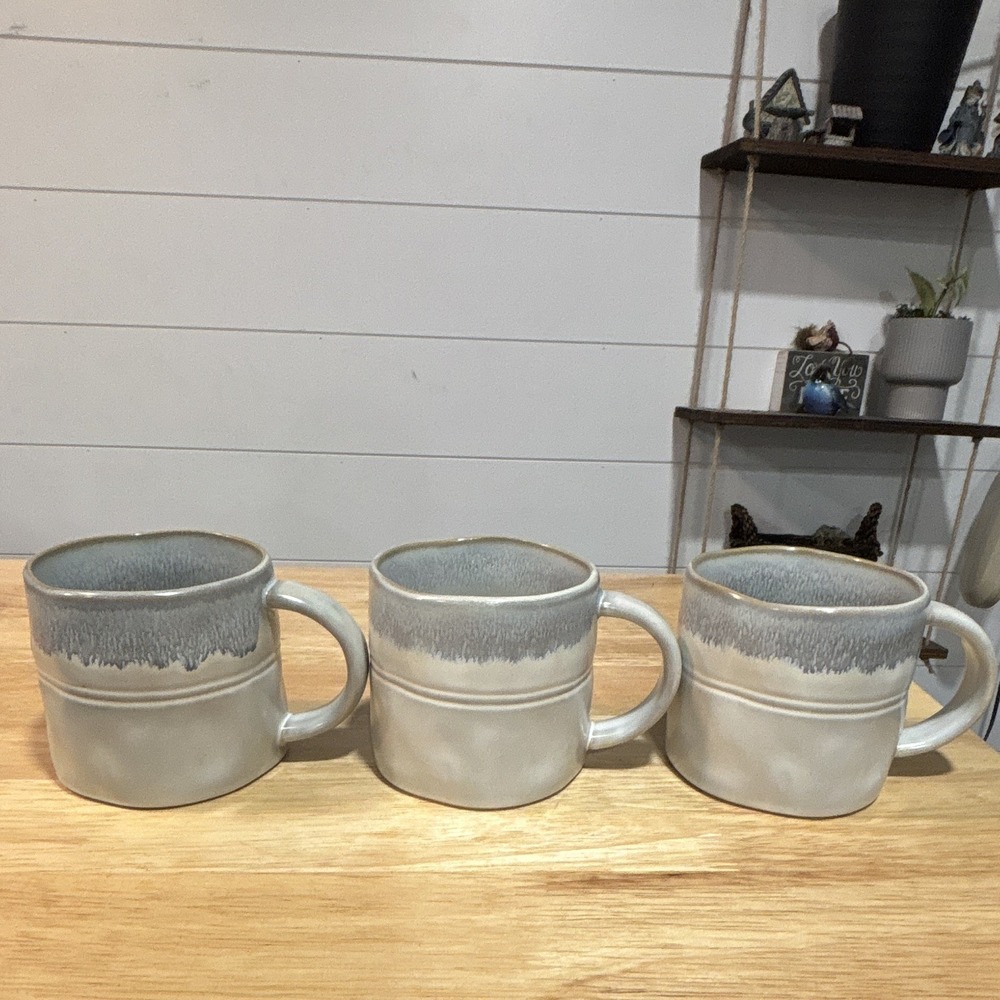 Tabletops Gallery, Cream & Blue Drip Stoneware Mugs, Lot Of 3